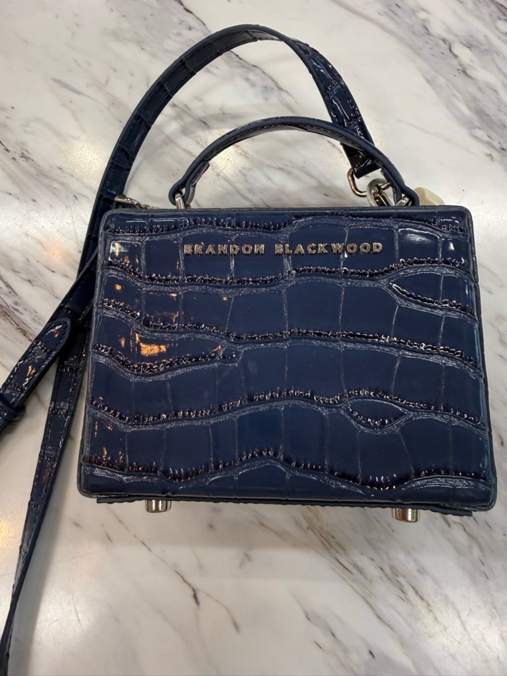 Brandon Blackwood Navy Croc-Embossed Top Handle Satchel with Gold Logo